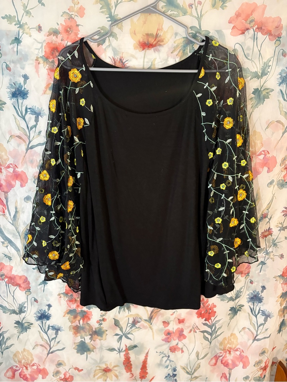Vintage Bat Wing Embroidered Black Blouse with Yellow Floral Mesh Sleeves
